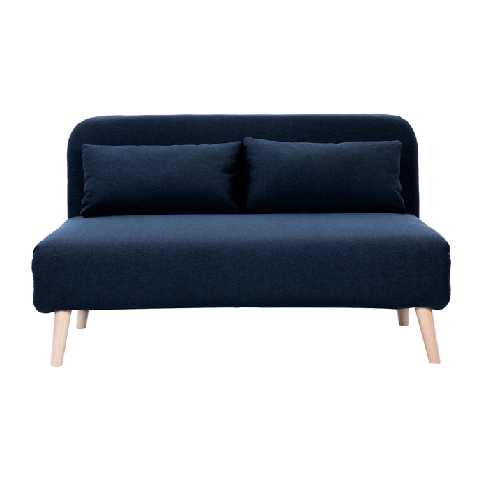 Chauffeuse 2 places convertible en tissu bleu foncé et bois clair AMIKO
