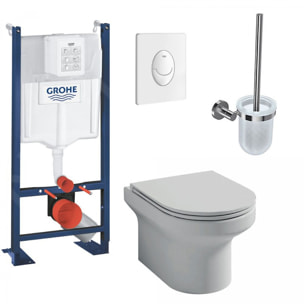 Pack WC suspendu sans bride Elite + Bâti support GROHE Rapid SL Project 1.13 M + plaque blanche Quickfix + porte-balai chromé