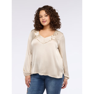 Fiorella Rubino - Blusa in raso con volant sullo scollo - Beige