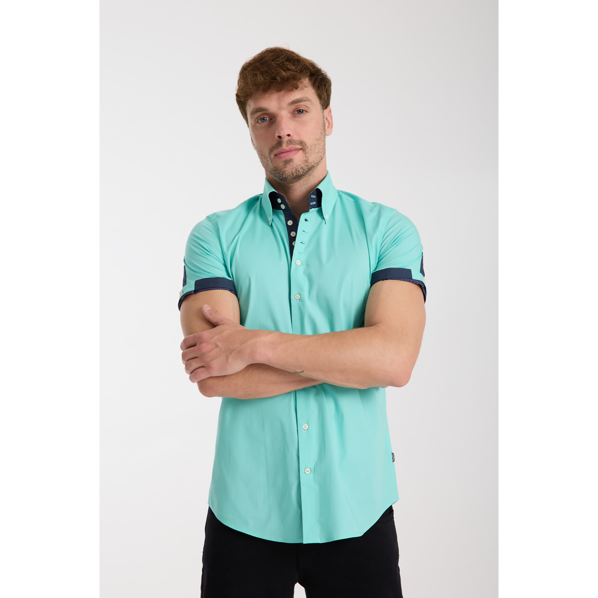 Camicia Uomo Manica Corta 2 Bottoni Button Down 7 Botto Popeline Stretch Unito Verde Acqua
