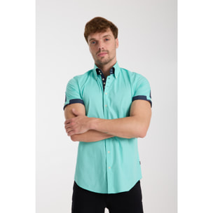 Camicia Uomo Manica Corta 2 Bottoni Button Down 7 Botto Popeline Stretch Unito Verde Acqua