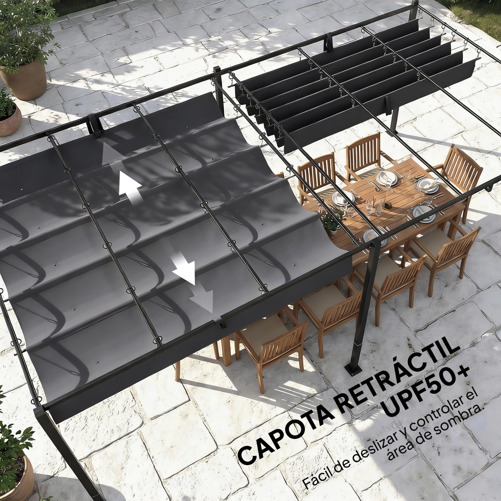 Pérgola de Jardín 6x3 m con Techo Retráctil, Cenador de Jardín con Protección UPF50+, Drenaje, Estructura Metálica, Pabellón para Patio, Terraza, Exterior, Blanco Gris Oscuro