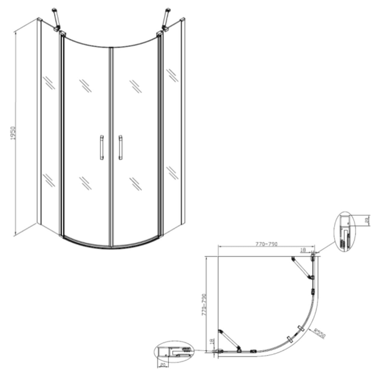 Set Porte de douche 80x195 cm transparente noir + 2x Poignée pour porte de douche, chrome (SATFUSP80CT-SET)