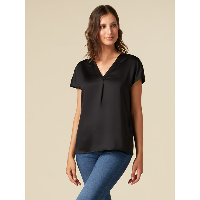 Oltre - Camiseta bimateria con escote de pico - Negro