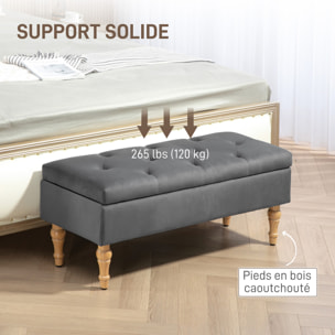 Banquette coffre style baroque - piètement bois assise effet capitonné velours gris