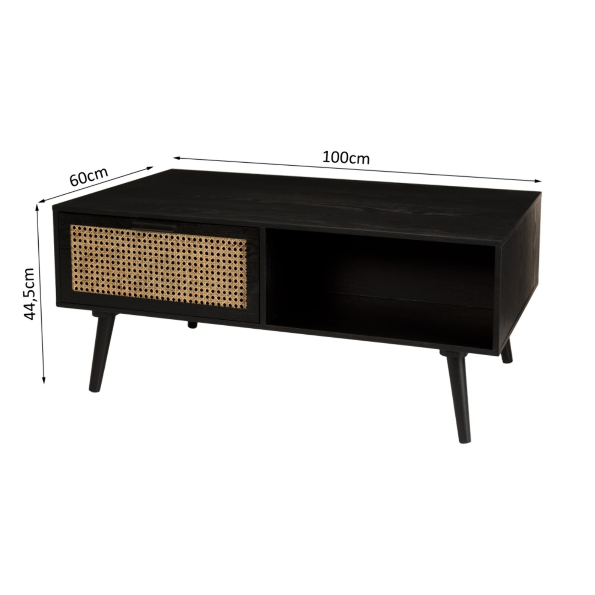ANGELO - Table basse noire bois 2 tiroirs cannage 1 niche