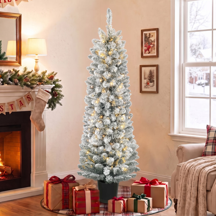 Árbol de Navidad Nevado con 150 Luces LED, 150 cm, Árbol de Navidad, 8 Modos, 250 Ramas, Base Tipo Maceta, Verde y Blanco