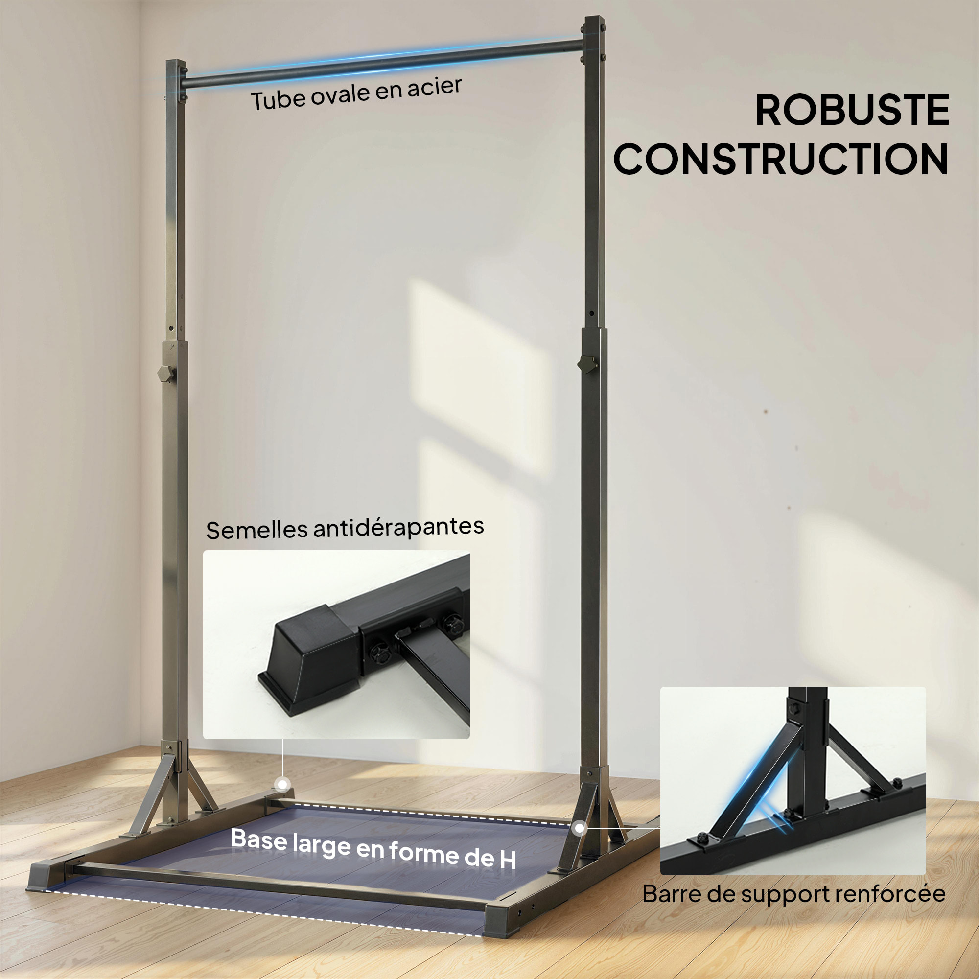 Barre de traction autoportante hauteur réglable 8 niv. acier noir