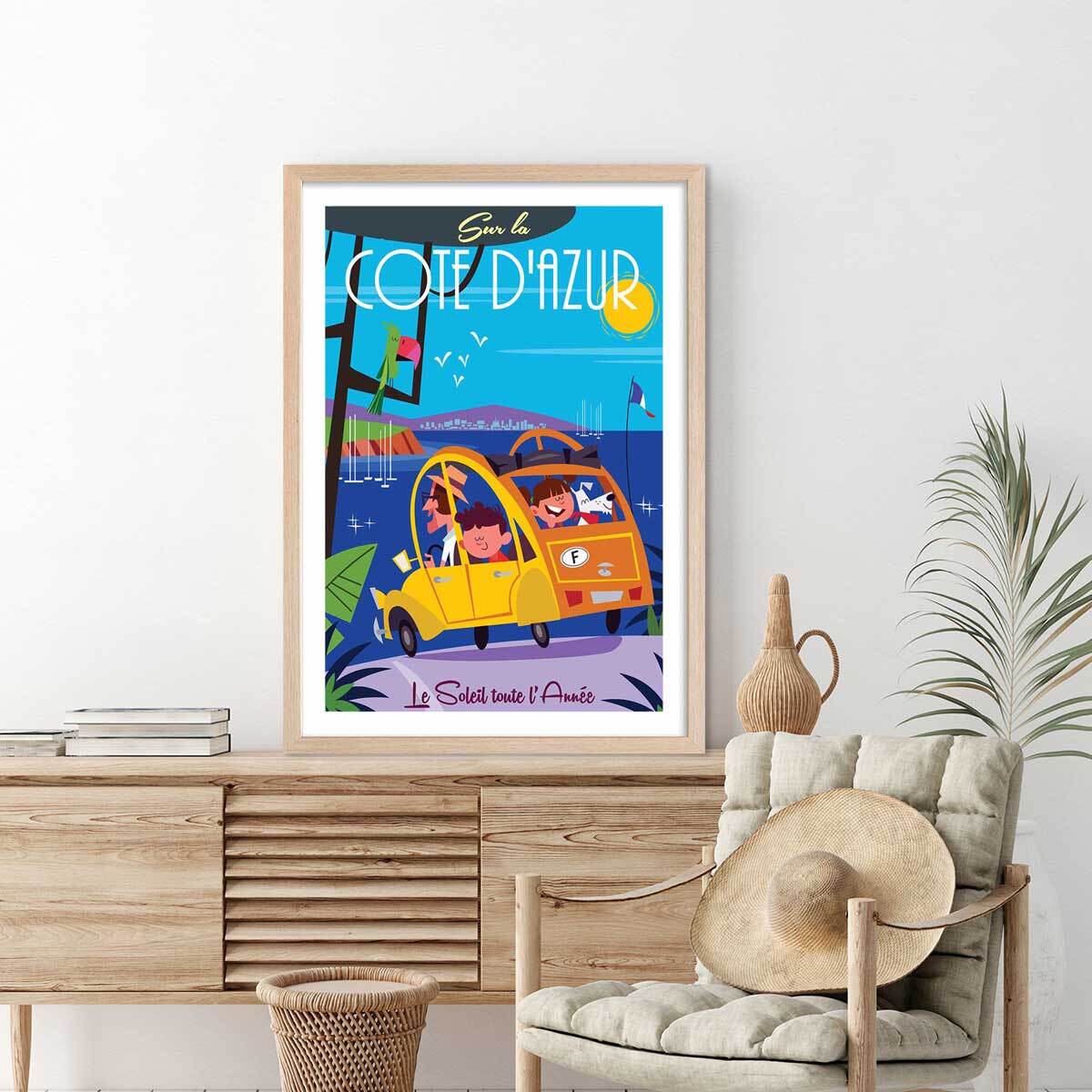 Poster retro le soleil de la cote d'azur Affiche + cadre en bois - Chêne
