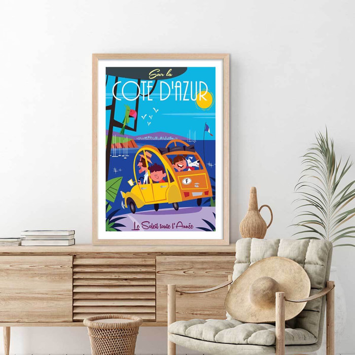Poster retro le soleil de la cote d'azur Affiche + cadre en bois - Chêne