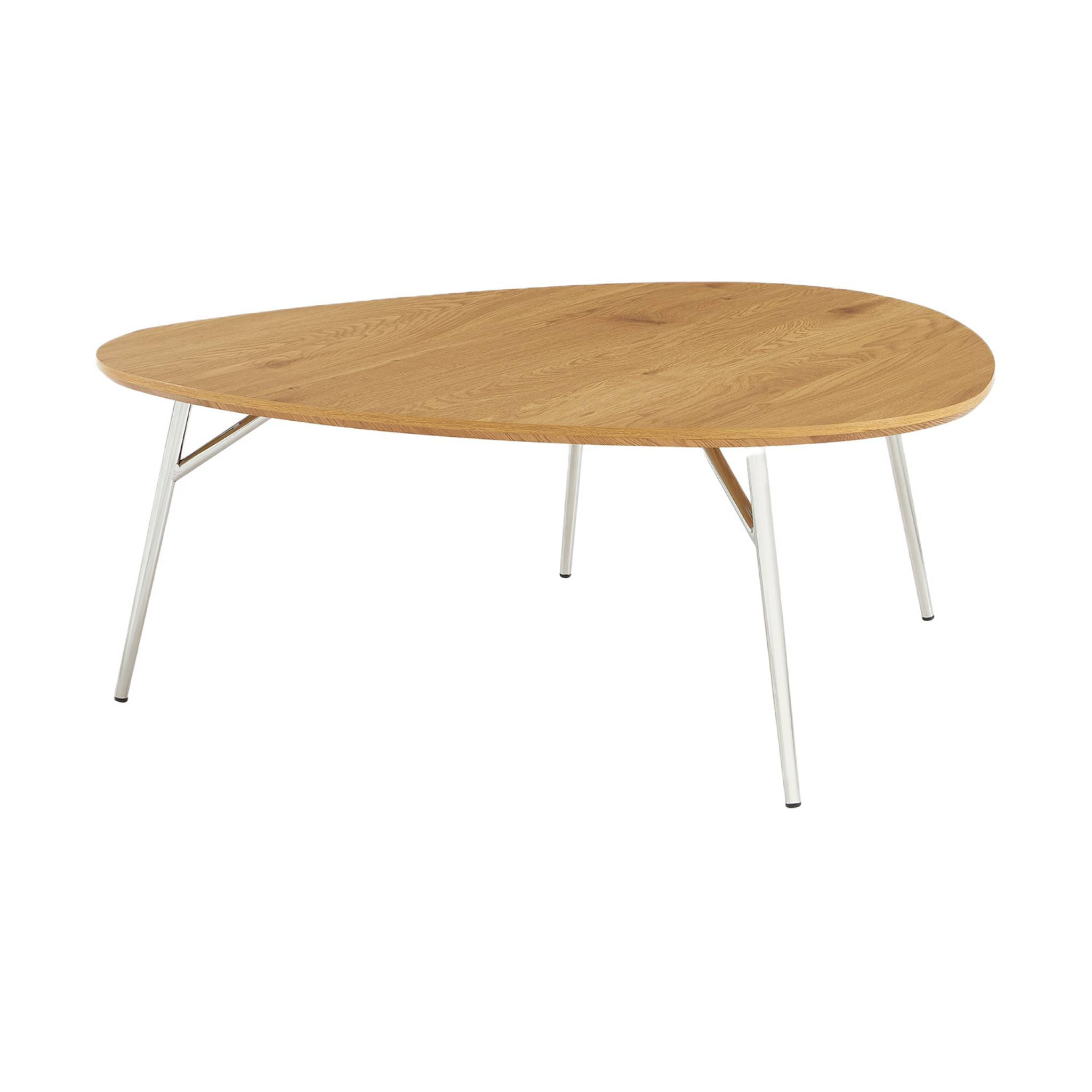 Table basse triangulaire pieds chromé et décor bois EZIA