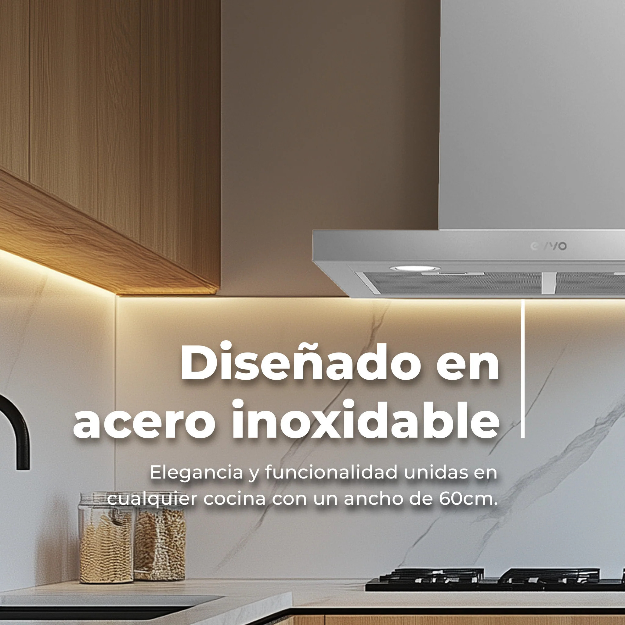 Campana Extractora Decorativa EVVO CE30, 60 cm, Inox, 350 m³/h, 3 Velocidades, Energía B