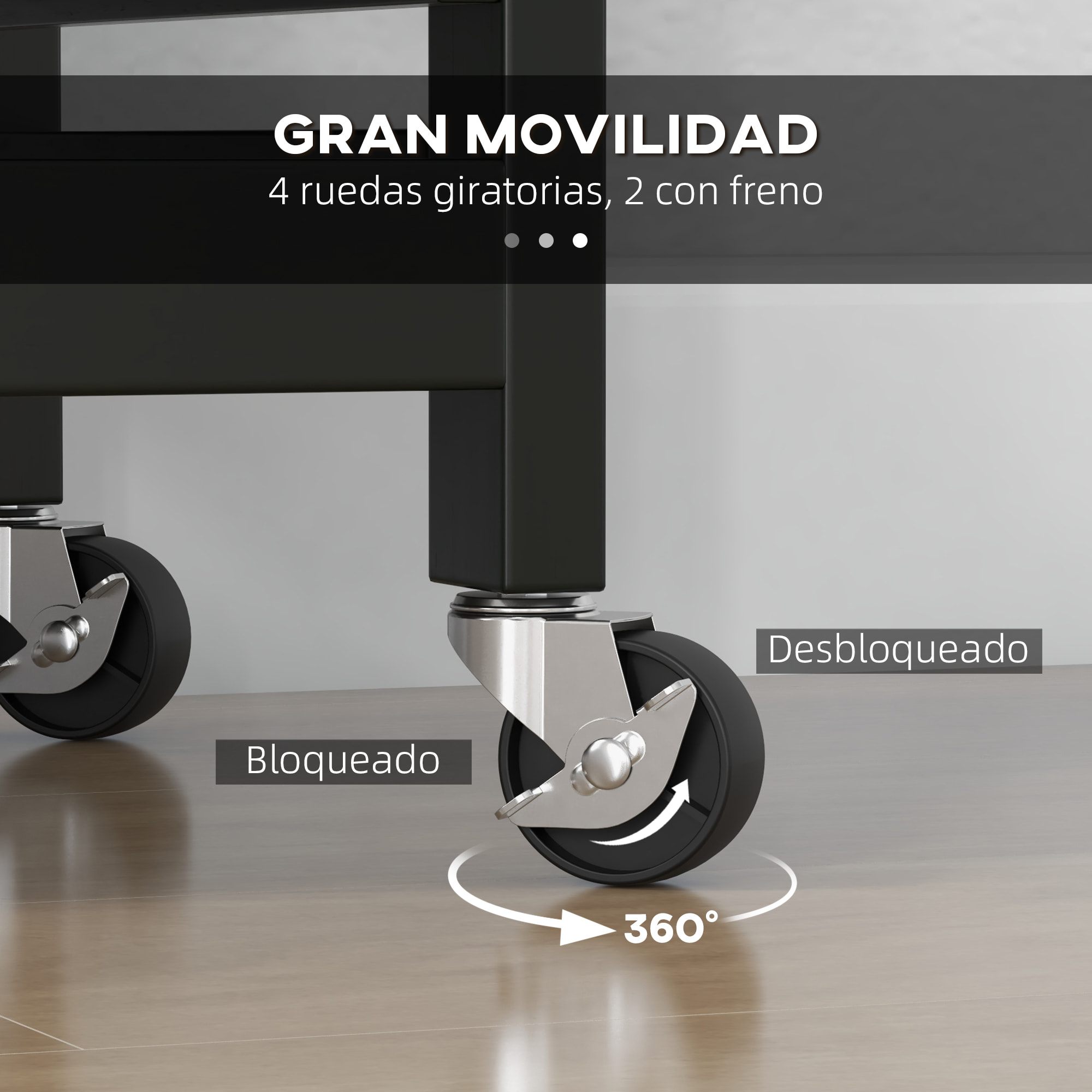 Carro de Cocina, Carrito Auxiliar con Ruedas, Tablero de Madera, 3 Cajones, 2 Estantes Abiertos y Bandeja Extraíble, para Comedor Salón, 67x37x85,5 cm, Negro