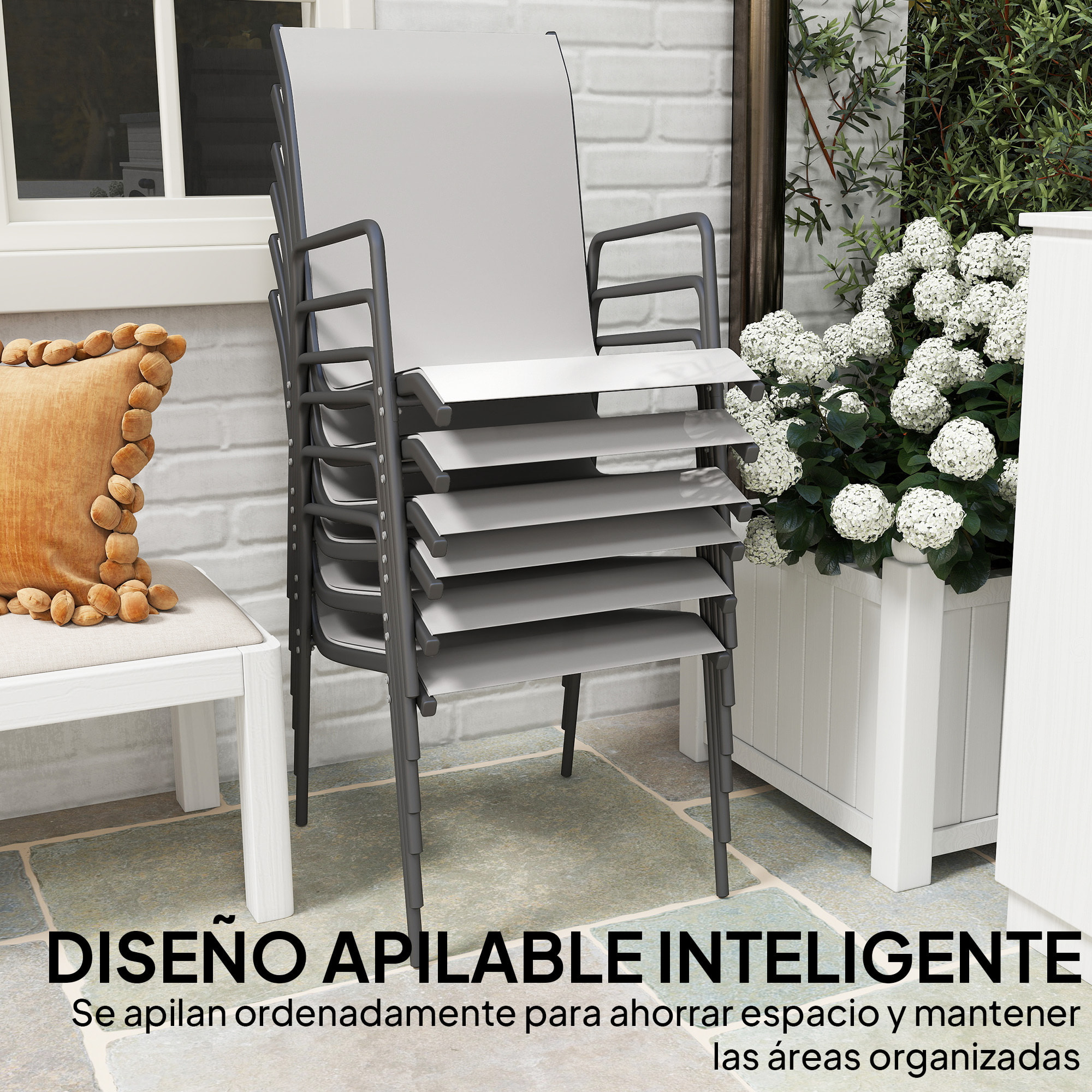 Juego de 6 Sillas de Jardín Exterior Apilables, Sillas Terraza Exterior con Reposabrazos, Asiento y Respaldo de Malla Transpirable, Estructura Metálica Resistente, 51x69x87 cm, Gris Claro