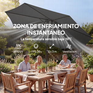 Sombrilla Terraza Exterior, 3x3 m, Sombrilla de Jardín con Base, Bolsa de Arena, Manivela, Inclinación Ajustable, Costillas Retráctiles, Parasol para Patio, Terraza, Gris Oscuro