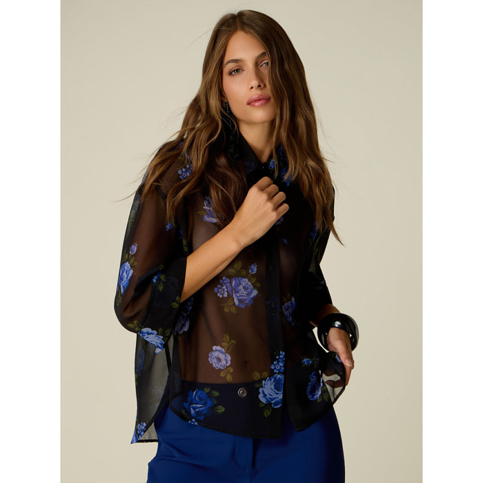 Oltre - Camicia in georgette a fantasia floreale - Nero