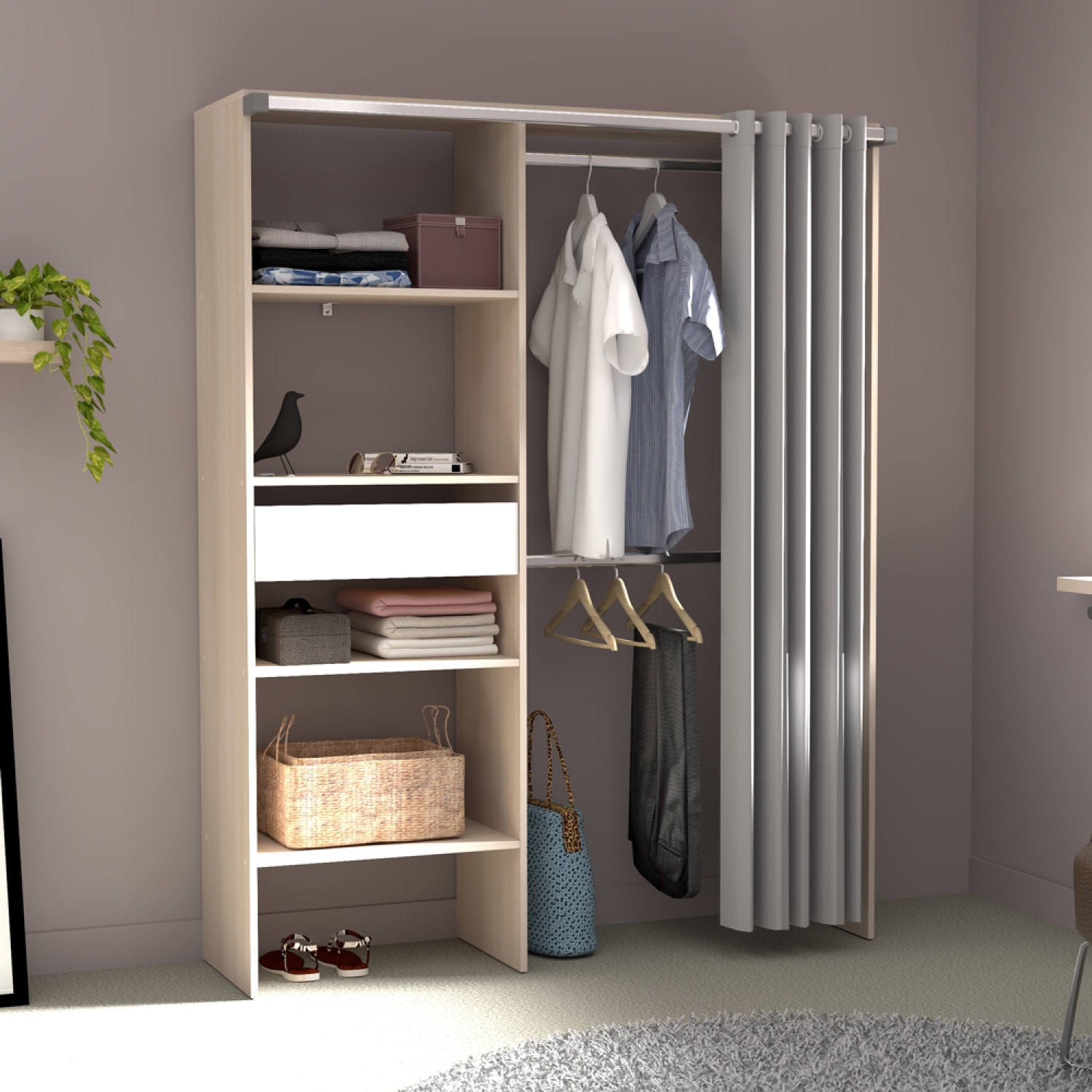 MONTRELO Dressing avec rideau, 4 étagères, 2 penderies et un tiroir bois et blanc
