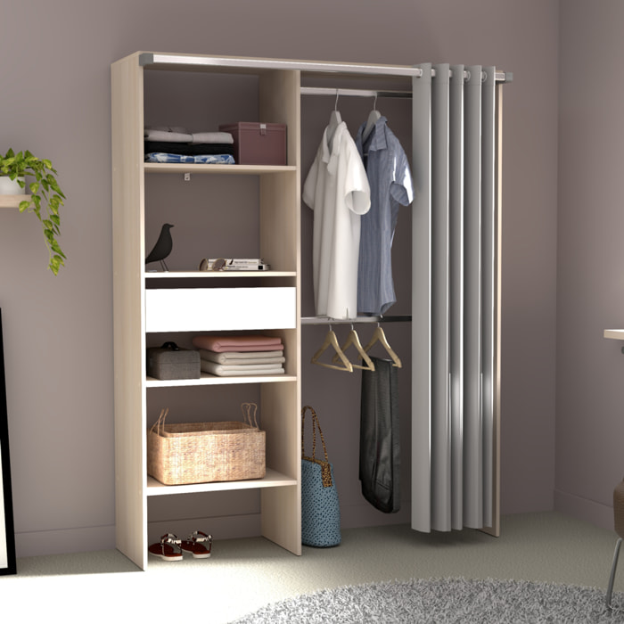 MONTRELO Dressing avec rideau, 4 étagères, 2 penderies et un tiroir bois et blanc