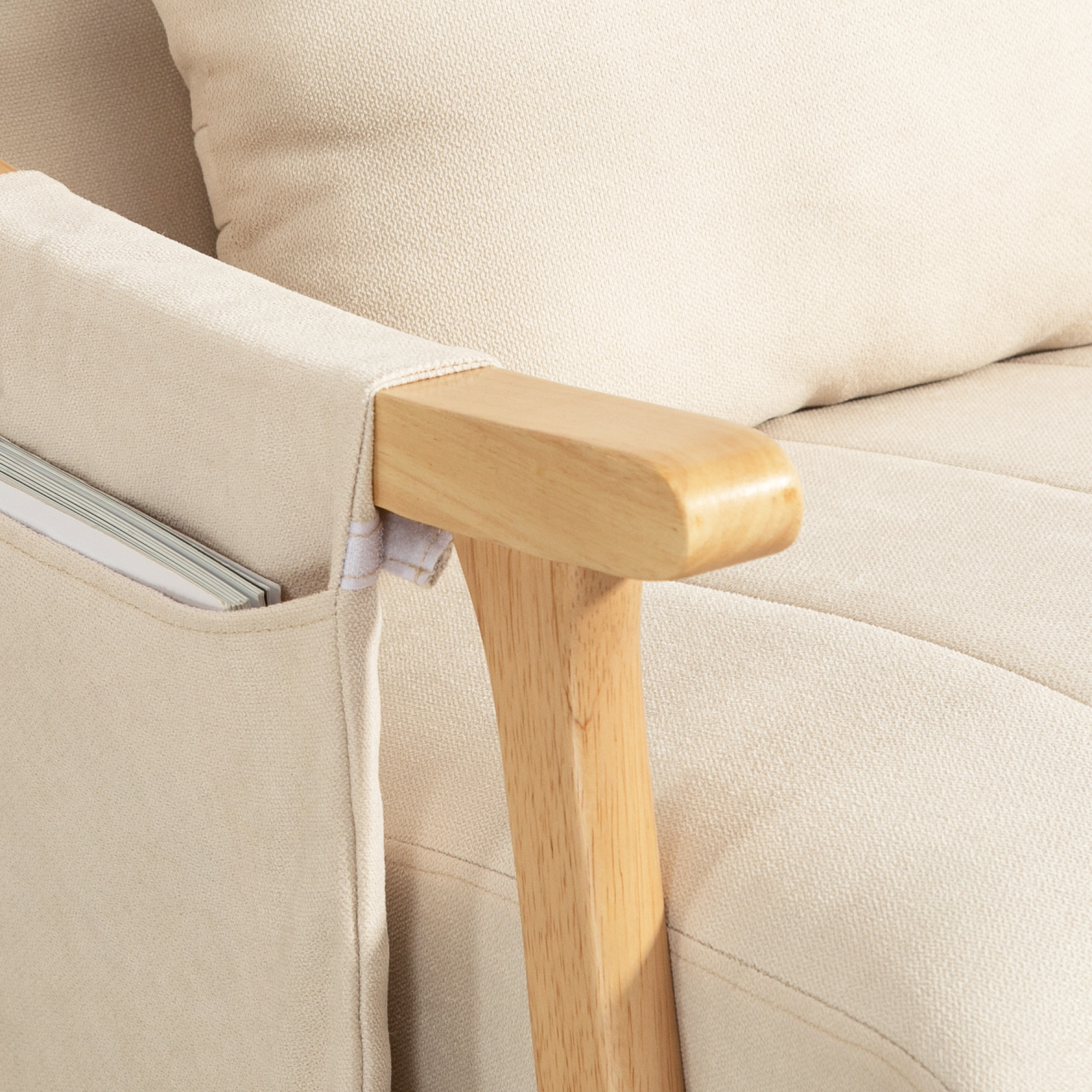 Fauteuil à bascule style Chesterfield bois tissu toucher lin beige