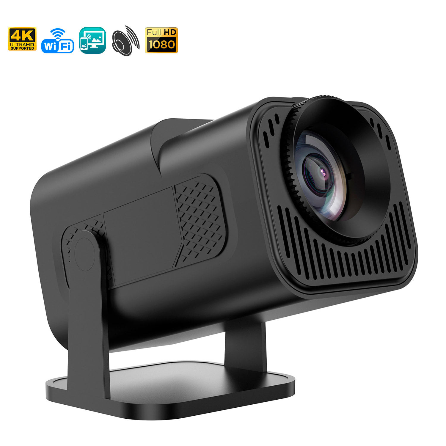 Proiettore LCD HY320, supporto 4K UHD, con wifi 6, duplicazione dello schermo per iOS e Android. Da 40 a 200 pollici, 300 lm. Con telecomando.