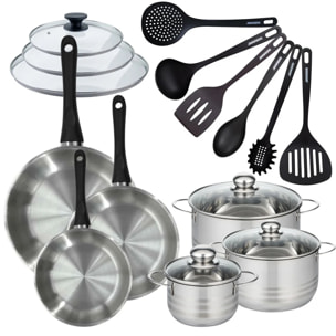 Batterie de cuisine 3 poêles 20/24/28 cm et couvercles, 3 faitouts 16/20/24 cm et 6 ustensiles Fackelmann Geneva