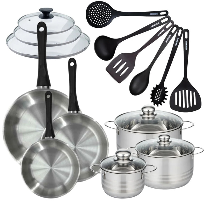 Batterie de cuisine 3 poêles 20/24/28 cm et couvercles, 3 faitouts 16/20/24 cm et 6 ustensiles Fackelmann Geneva