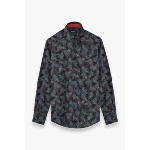 Camicia Uomo 2 Bottoni Button Down Slim Popeline Fantasia Verde Scuro e Mattone