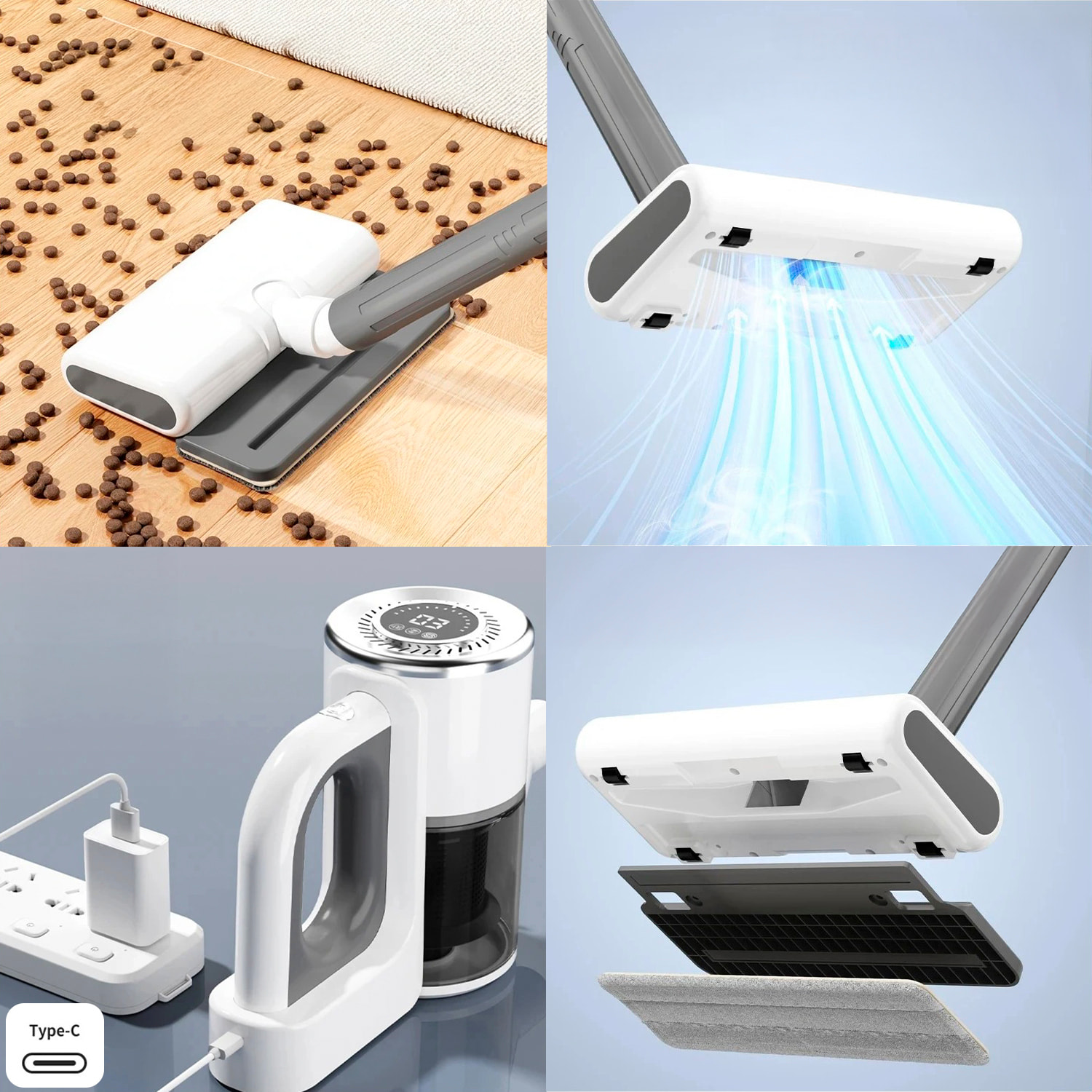 Aspirapolvere senza filo con funzione di aspirazione e pulizia. 3 livelli di potenza e 4 bocchette.