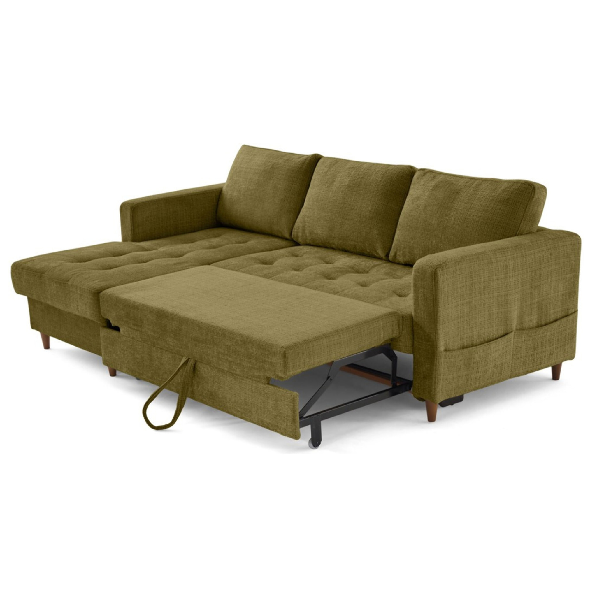 Anna - canapé d'angle gauche 4 places convertible avec coffre en velours texturé - Vert Olive