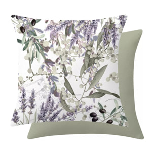 Housse de coussin lin & coton 165 g/m² imprimé vert violet Parfum de lavande mauve