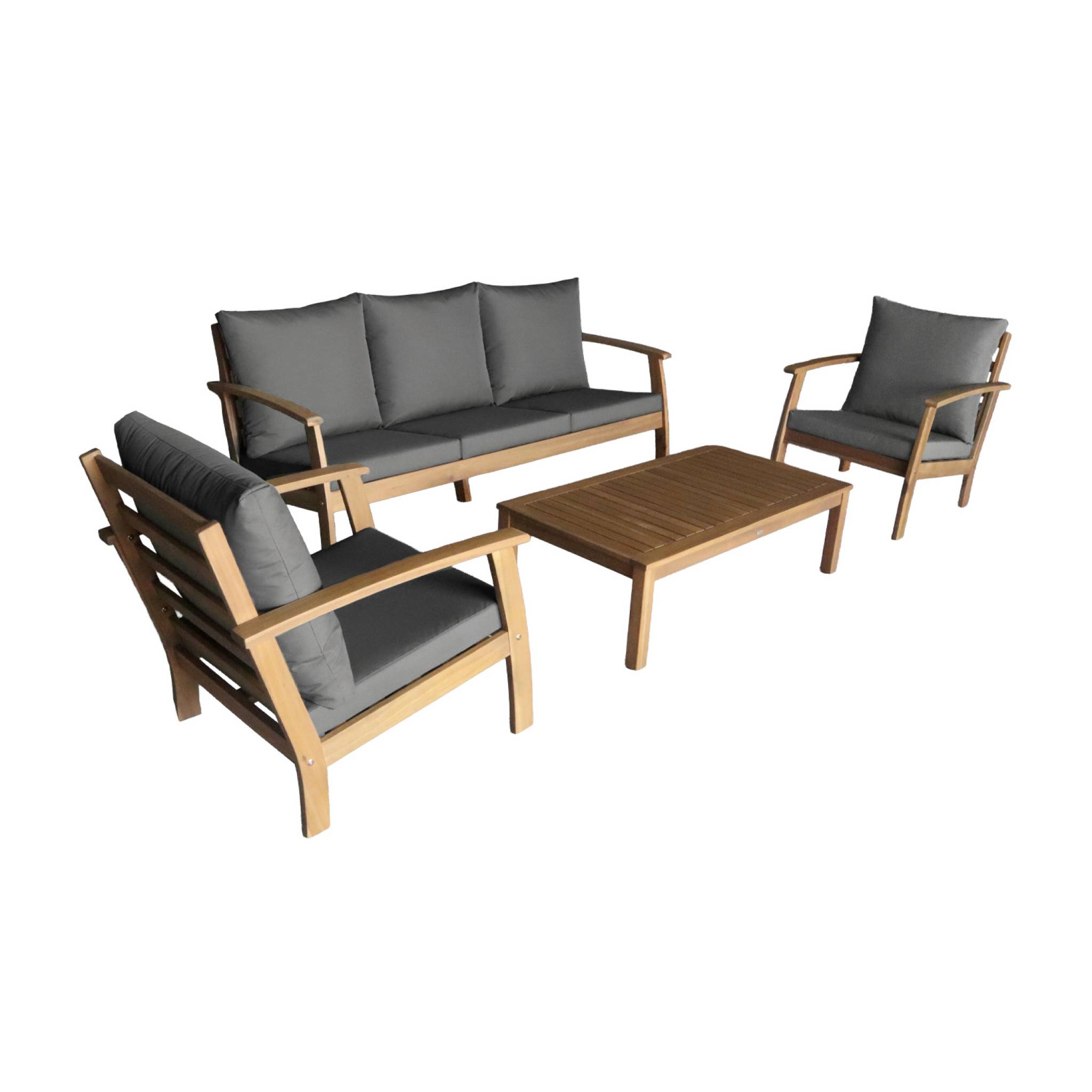 Salon de jardin USHUAIA 5 places gris en bois d'acacia. un canapé. une table. deux fauteuils