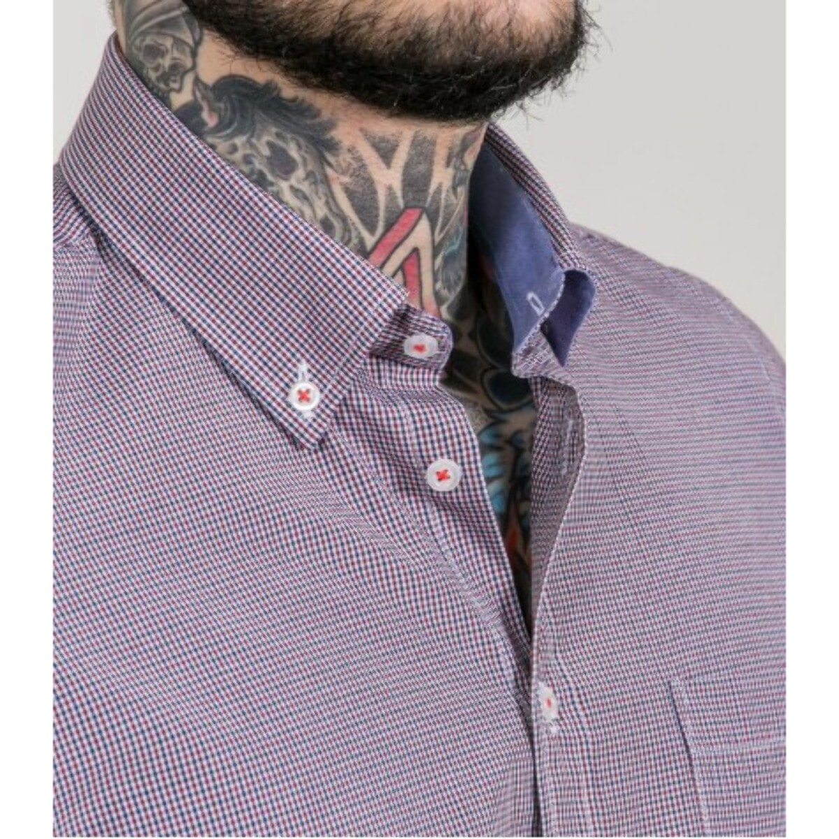 Camicia Uomo 1 Bottone Button Down Manica Corta Slim Cotone Poliestere Quadro Piccolo Bianco e Arancio