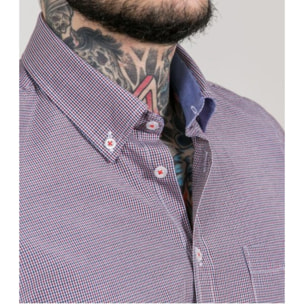 Camicia Uomo 1 Bottone Button Down Manica Corta Slim Cotone Poliestere Quadro Piccolo Bianco e Arancio