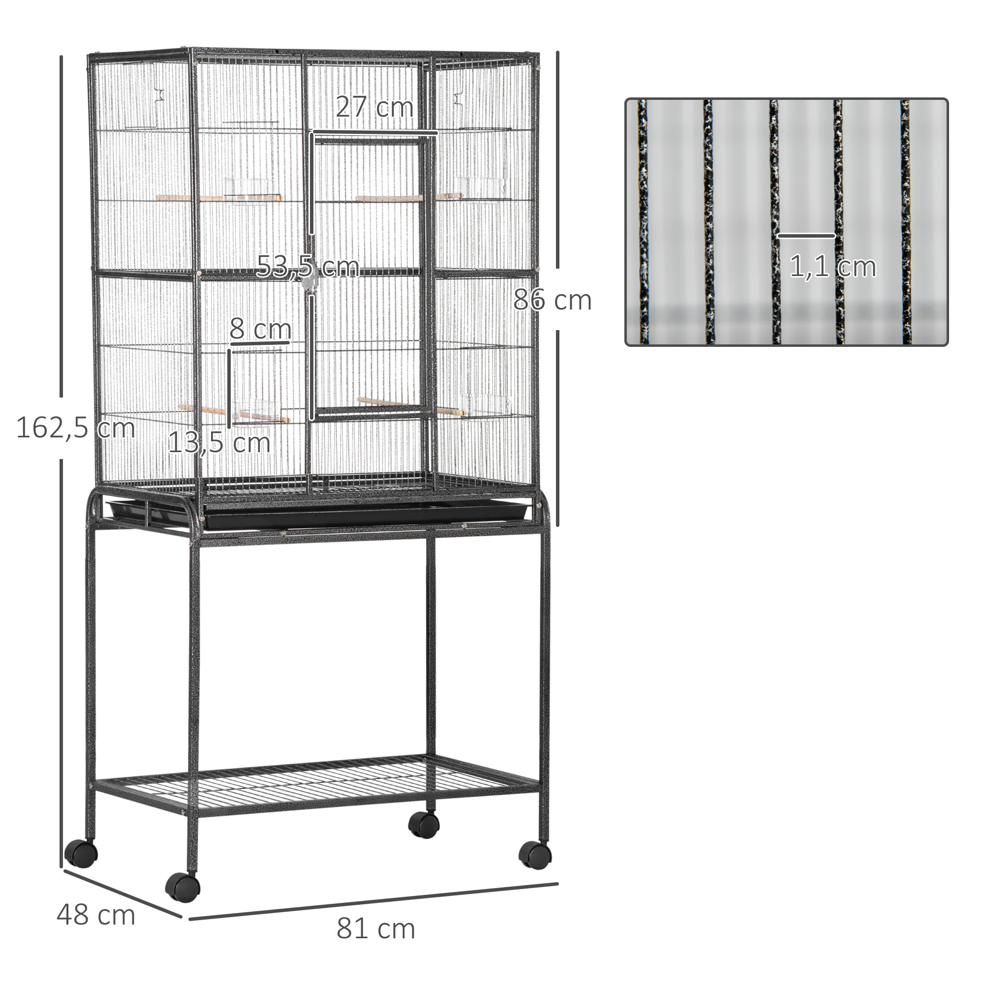 Cage à oiseaux portable avec 4 mangeoires et 4 perchoirs pratique 81 x 48 x 162 cm noir et gris