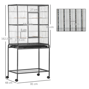 Cage à oiseaux portable avec 4 mangeoires et 4 perchoirs pratique 81 x 48 x 162 cm noir et gris