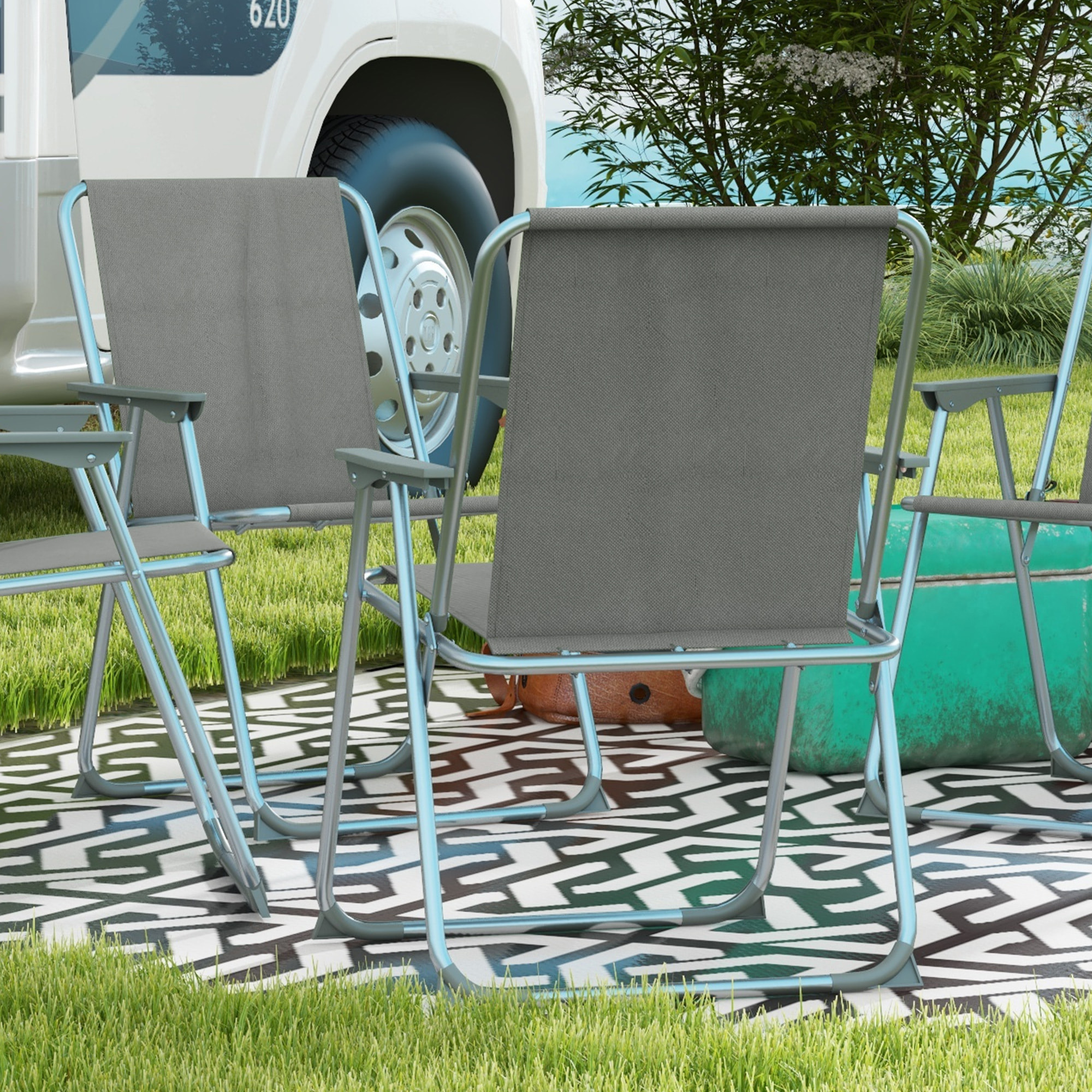 Juego de 4 Sillas de Camping Plegables Sillas Plegables de Jardín Exterior Acolchadas en Tela Oxford con Marco de Acero y Reposabrazos Carga 120 kg para Terraza Playa 53x54x76 cm Gris