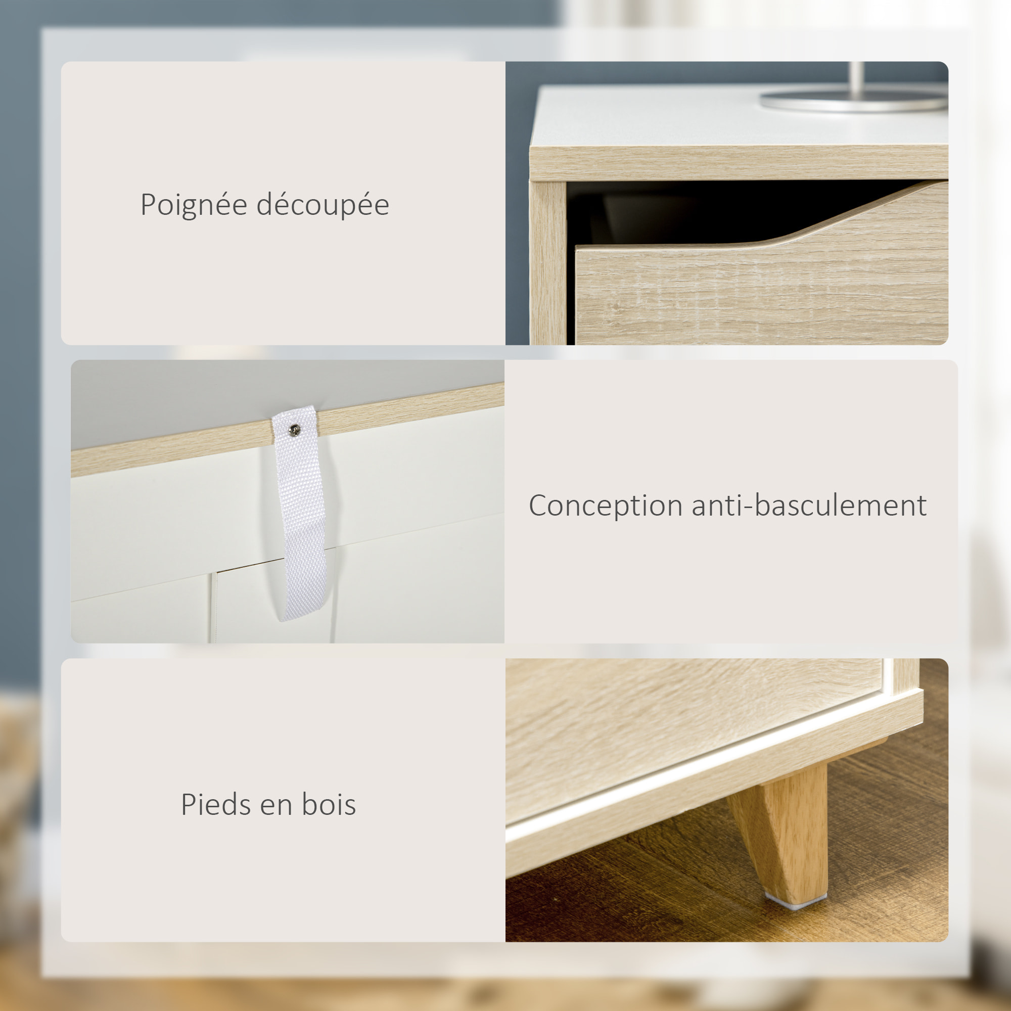 Commode design scandinave 3 tiroirs piètement effilé panneaux MDF blanc aspect bois clair