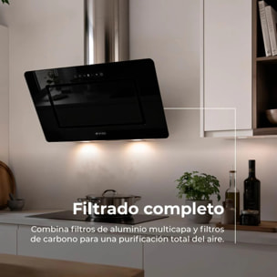 EVVO Campana extractora 60 cm decorativa, 800 m³/h, táctil y gestual, filtro aluminio y carbón activo, eficiencia A++
