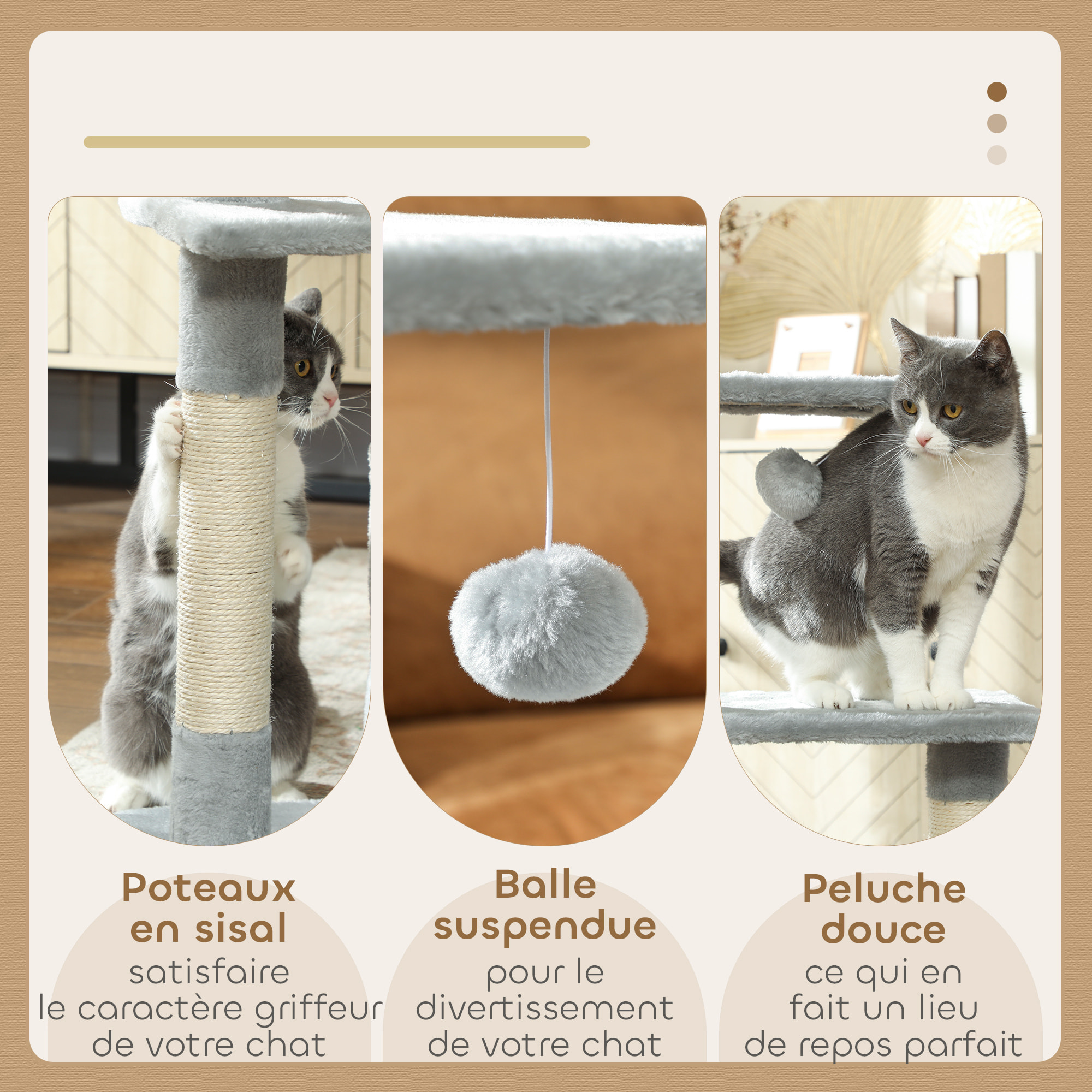 Arbre à chat H.81cm niche 3 griffoirs 2 plateformes jeu boule suspendue gris