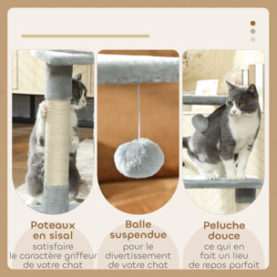 Arbre à chat H.81cm niche 3 griffoirs 2 plateformes jeu boule suspendue gris