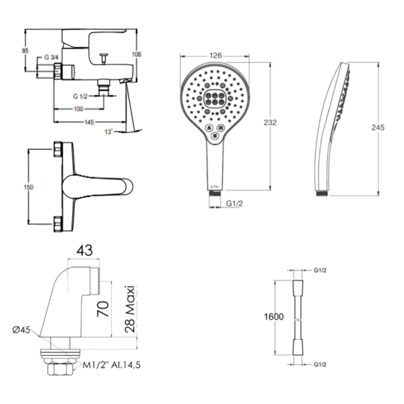 Mitigeur baignoire July + pommeau de douche Metro signature + flexible de douche lisse + colonnettes