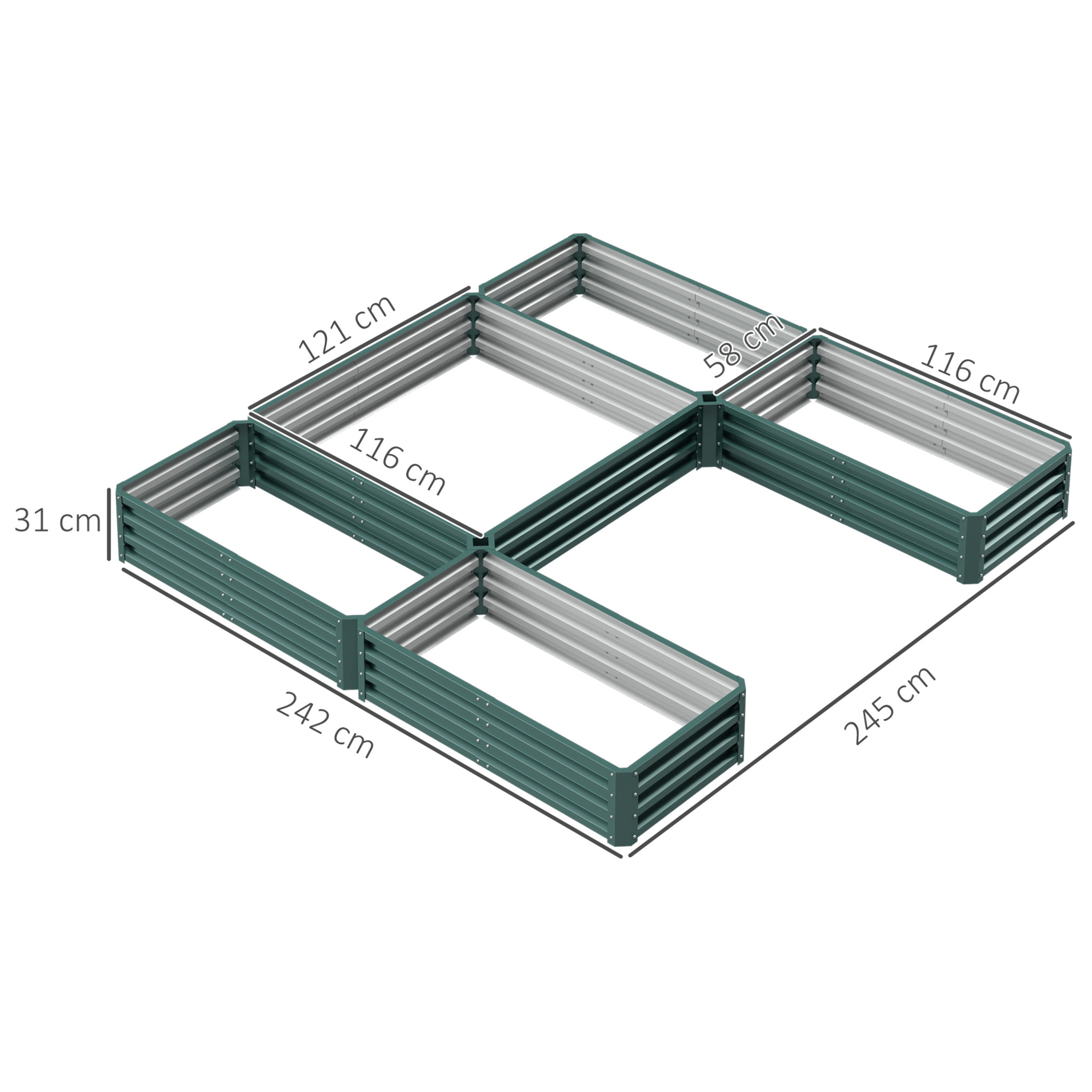 Lot de 5 carrés potager de jardin - forme personnalisable - tôle d'acier ondulée vert