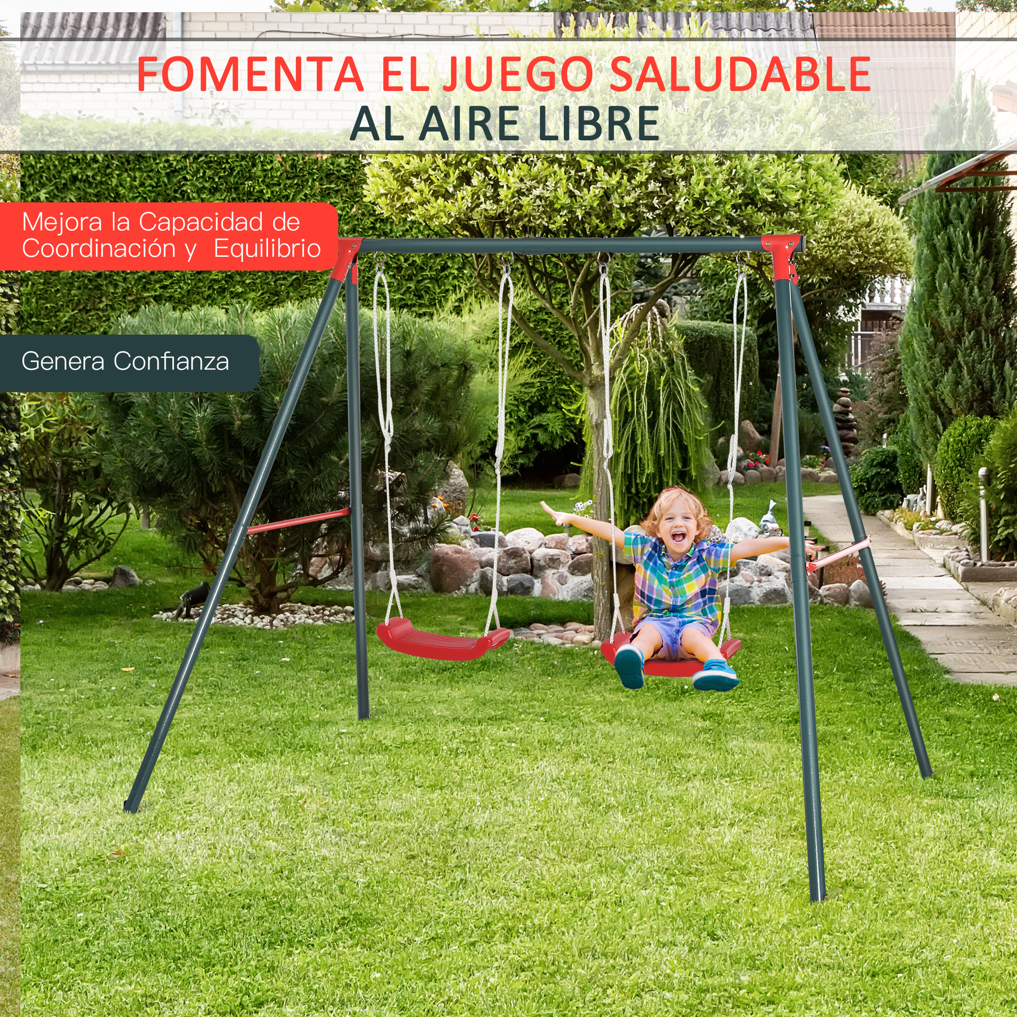 Columpio Doble para Niños +3 Años con Cuerdas Ajustables Carga 40kg Exterior