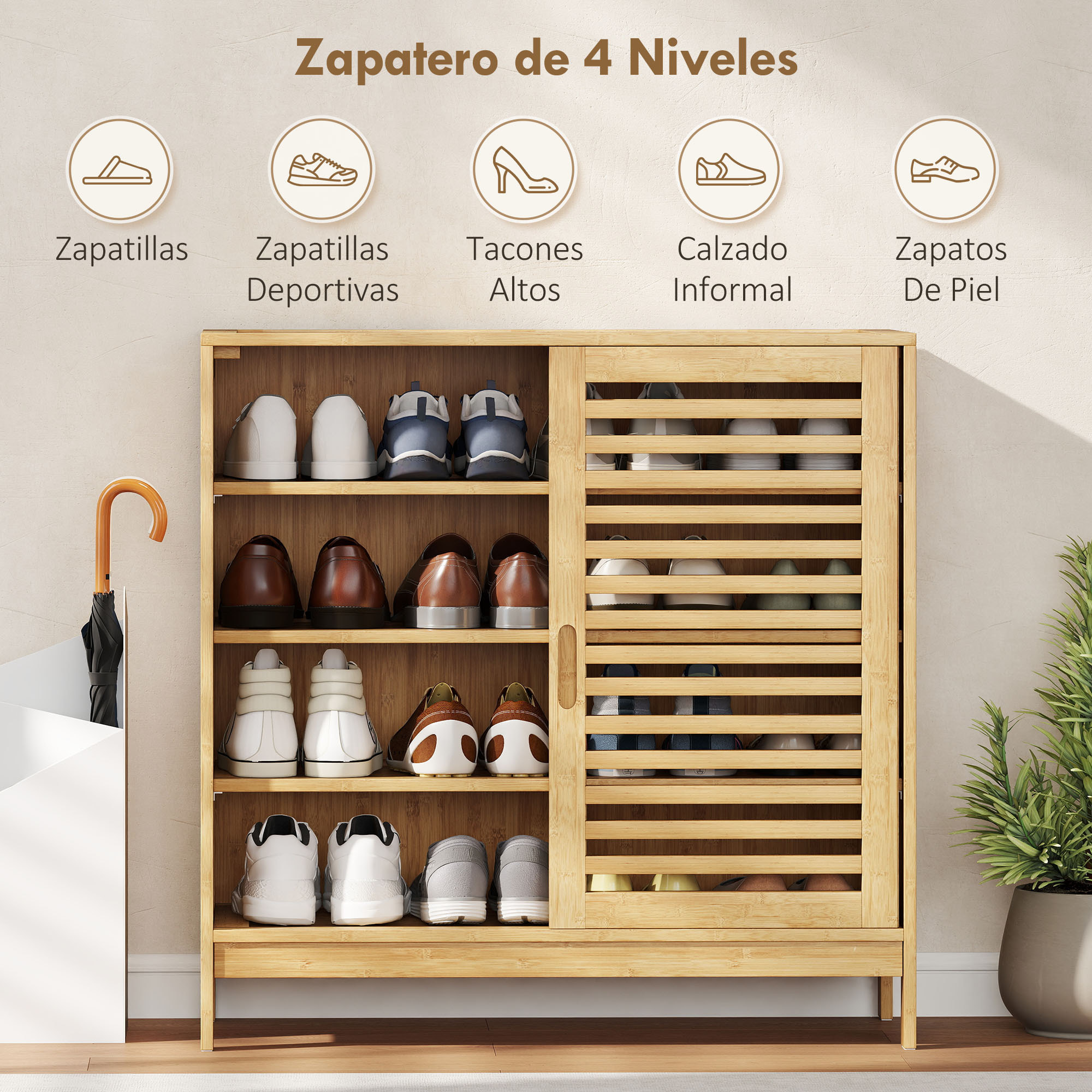 Zapatero de Bambú con 2 Puertas Correderas de Lamas, Zapatero Entrada Recibidor con Estantes Ajustables, para 16 Pares de Zapatos, 80x35x80 cm, Natural
