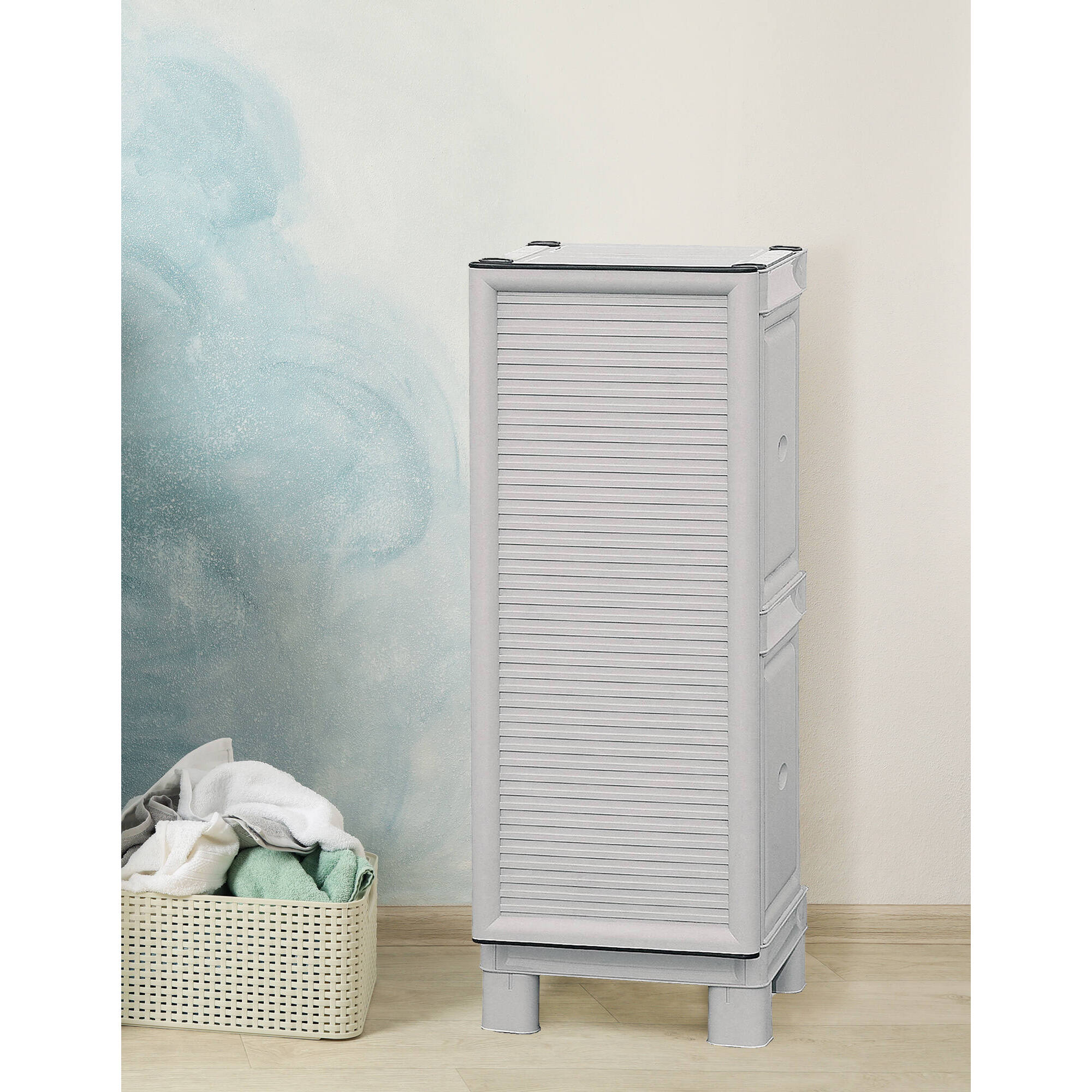 Mobiletto multiuso da esterno o interno, Armadio basso a 1 anta e 1 ripiano in polipropilene, 100% Made in Italy, cm 35x39h92, colore Grigio chiaro