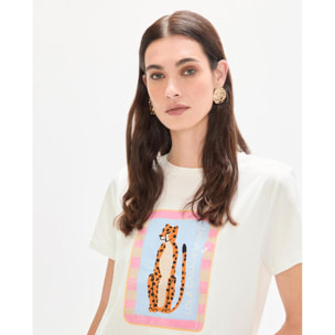 T-shirt con ricamo di animali e paillettes trasparenti