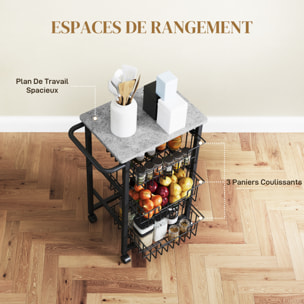 Desserte cuisine 3 paniers 4 roulettes pivotantes poignée acier noir plateau effet pierre gris clair
