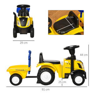 Tractor sin Pedales para Niños de 12-36 Meses con Remolque Extraíble Coche Correpasillos con Bocina Faros Pala Asiento de Suelo 25 cm y Rastrillo Carga 25 kg 91x29x44 cm Amarillo