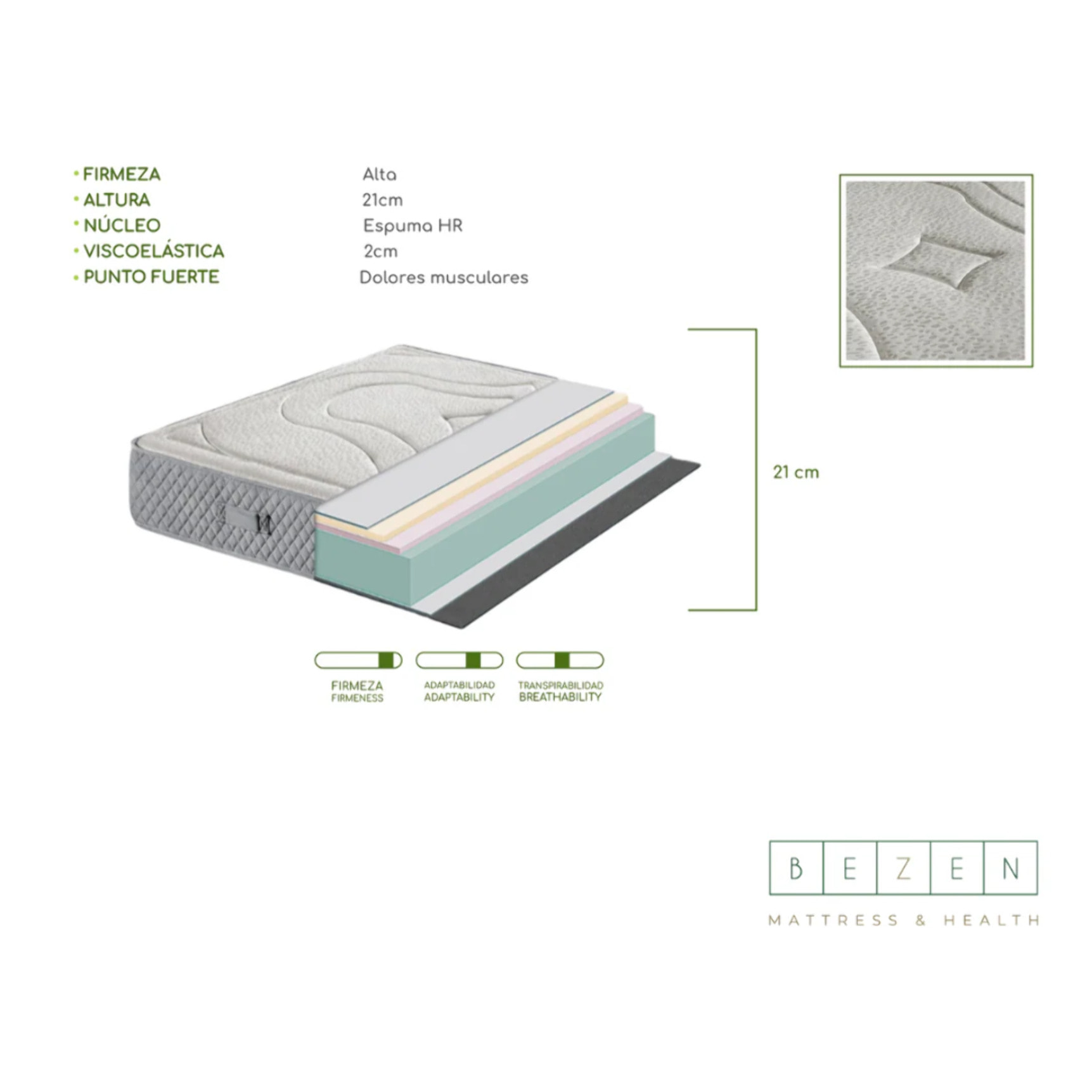 Colchón viscoelástico Memory ergonómico Espuma De Alta Resiliencia Altura 21 cm | Bellagio Deluxe Total Comfort
