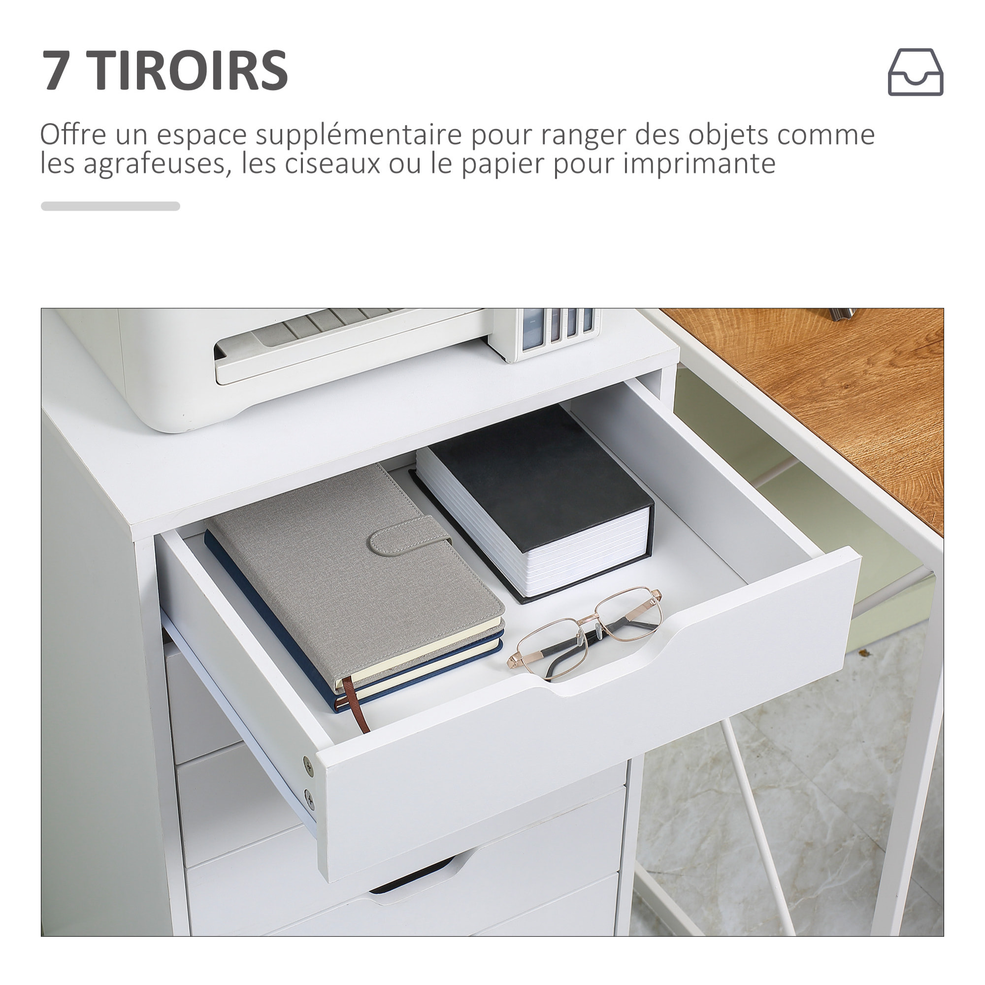 Caisson bureau - rangement bureau 7 tiroirs - dim. 47,5L x 39,5l x 90H cm - blanc